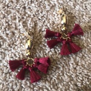 Deep red tassel earrings with gold.